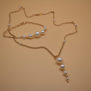 Gold Chain Pearl Necklace and Bracelet Set