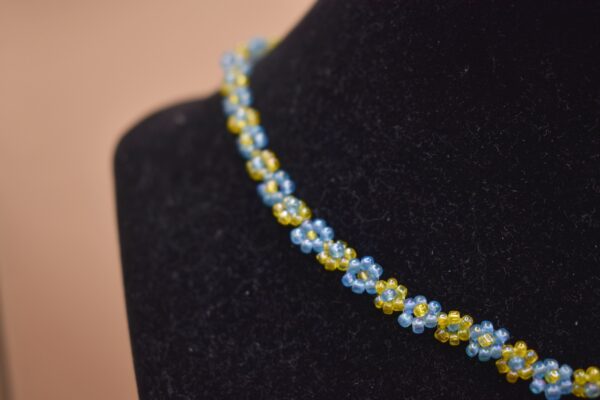 Yellow & Blue Bead Flower Necklace - Image 2