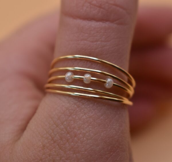 3 White Bead Gold Wire Ring - Image 2