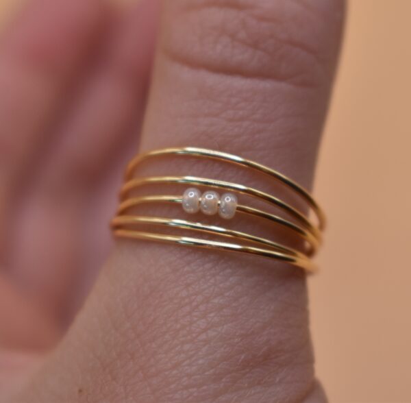 3 White Bead Gold Wire Ring