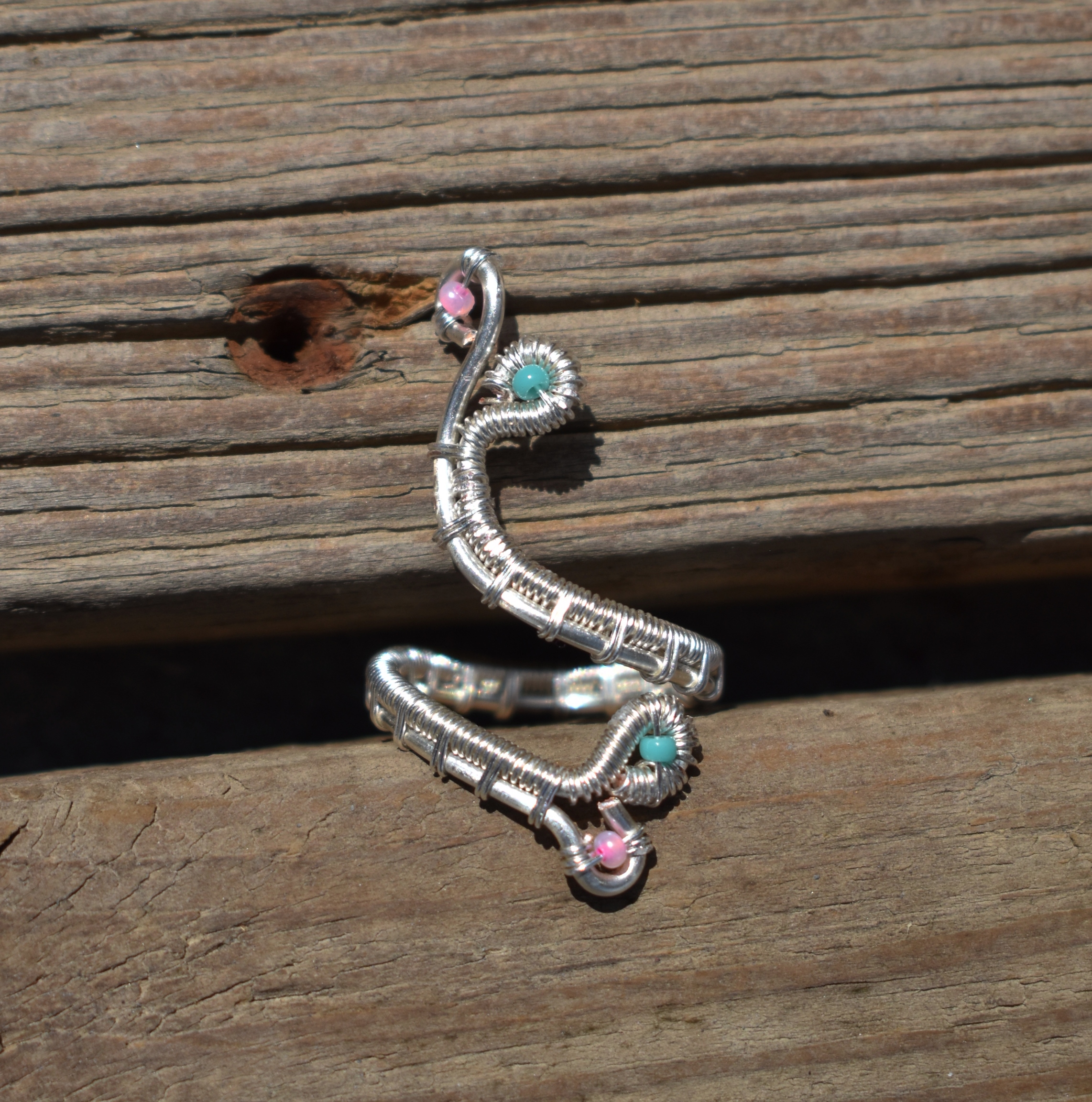 Pink & Teal Adjustable Silver Ring