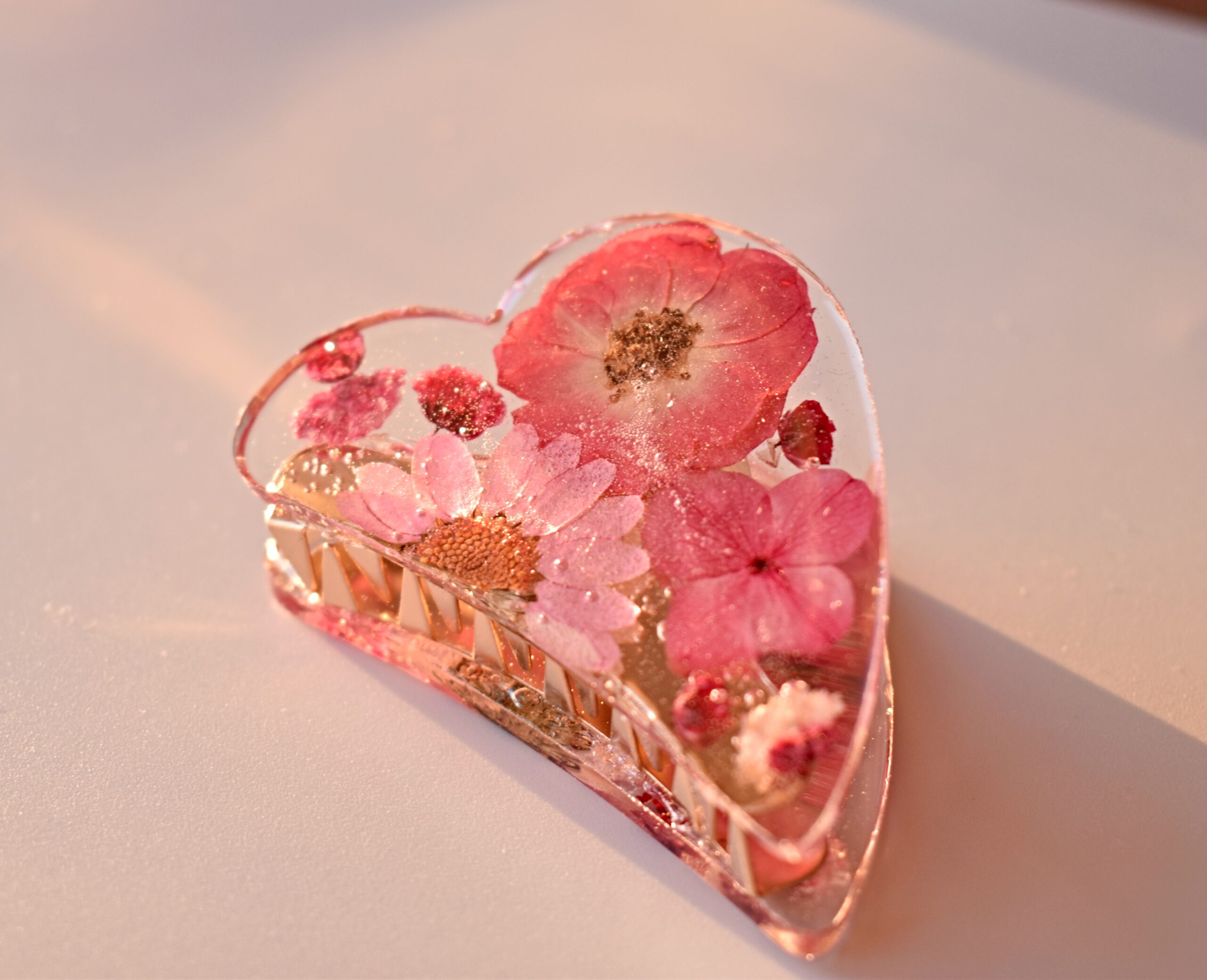 Pink Flower Resin Heart Clip
