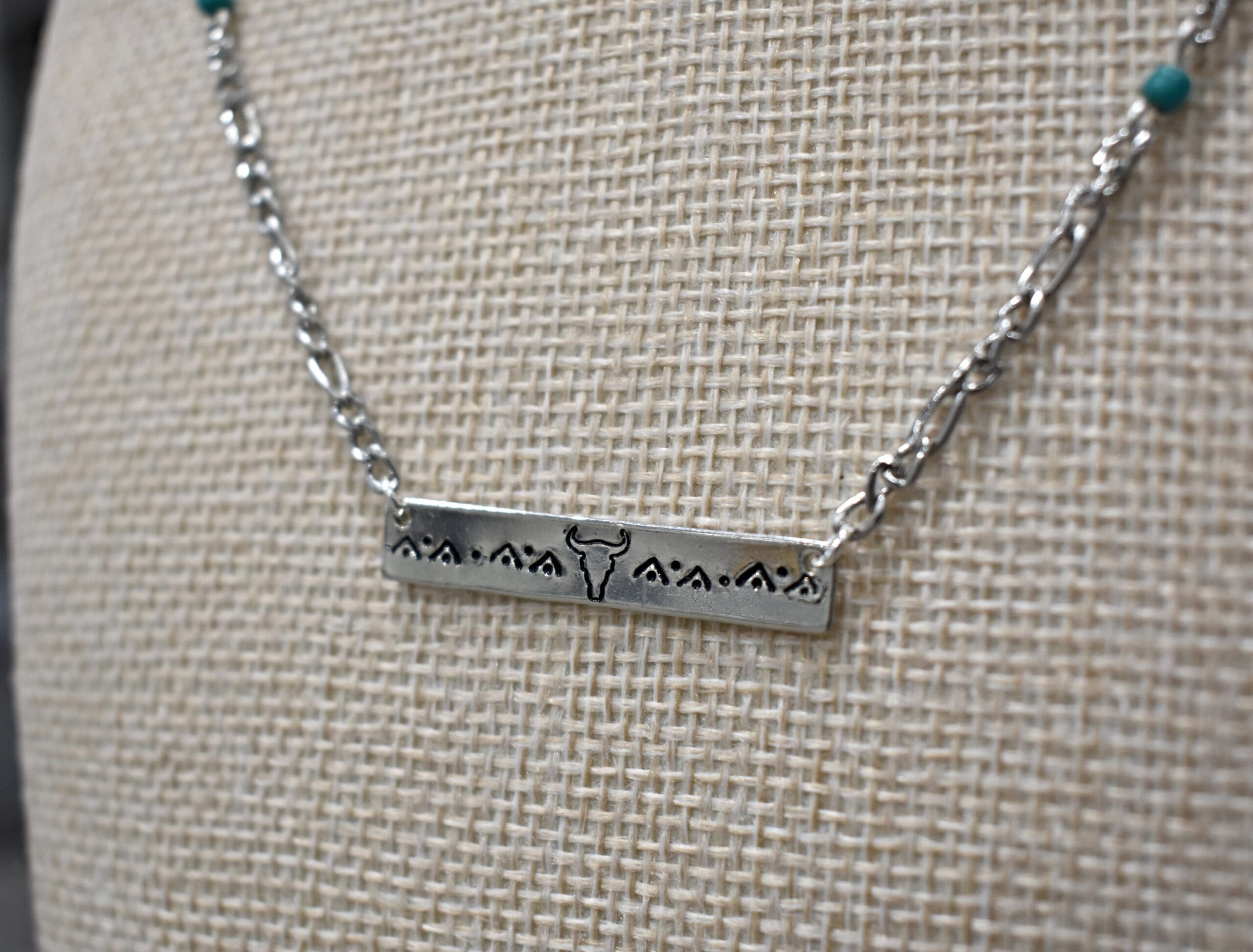 Turquoise Bead Longhorn Metal Stamp Necklace