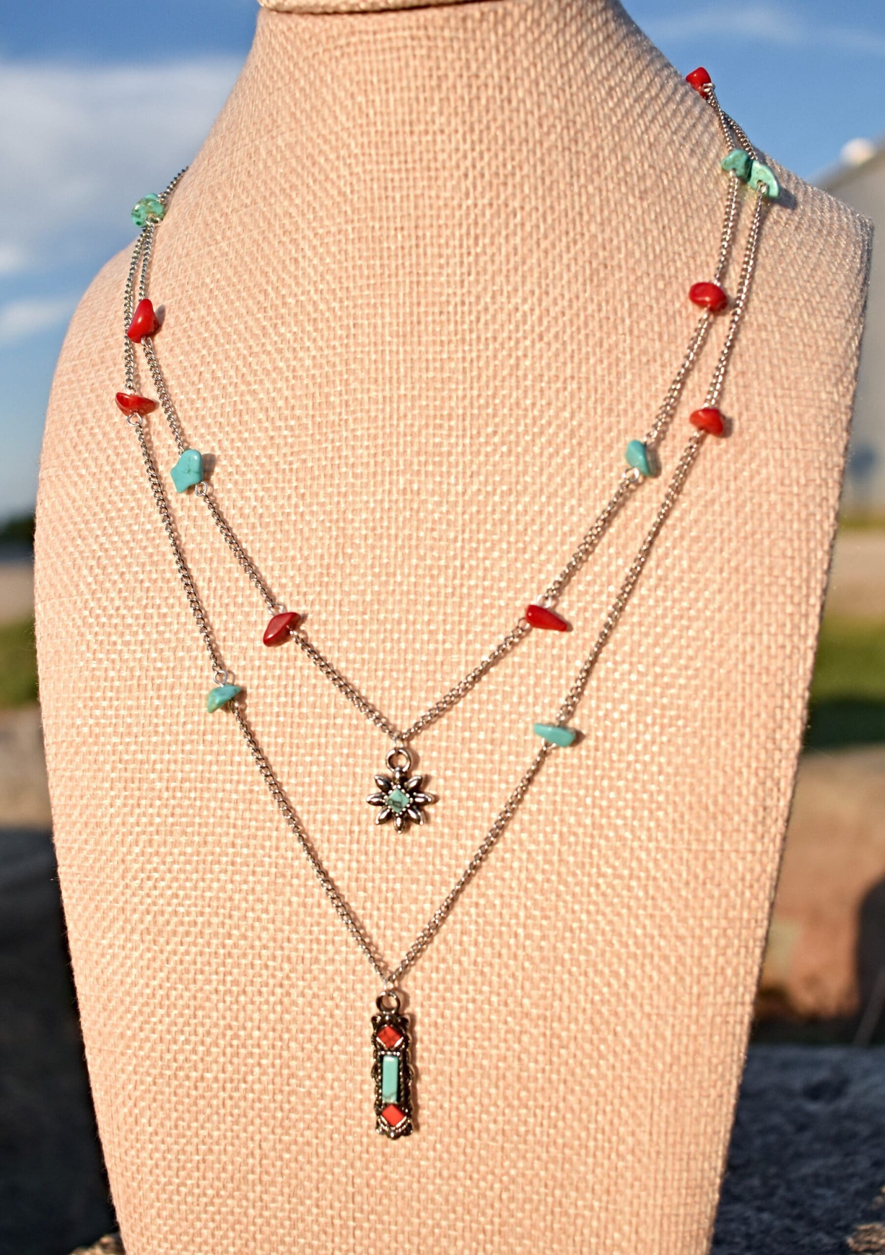 Turquoise & Red Double Layer Necklace